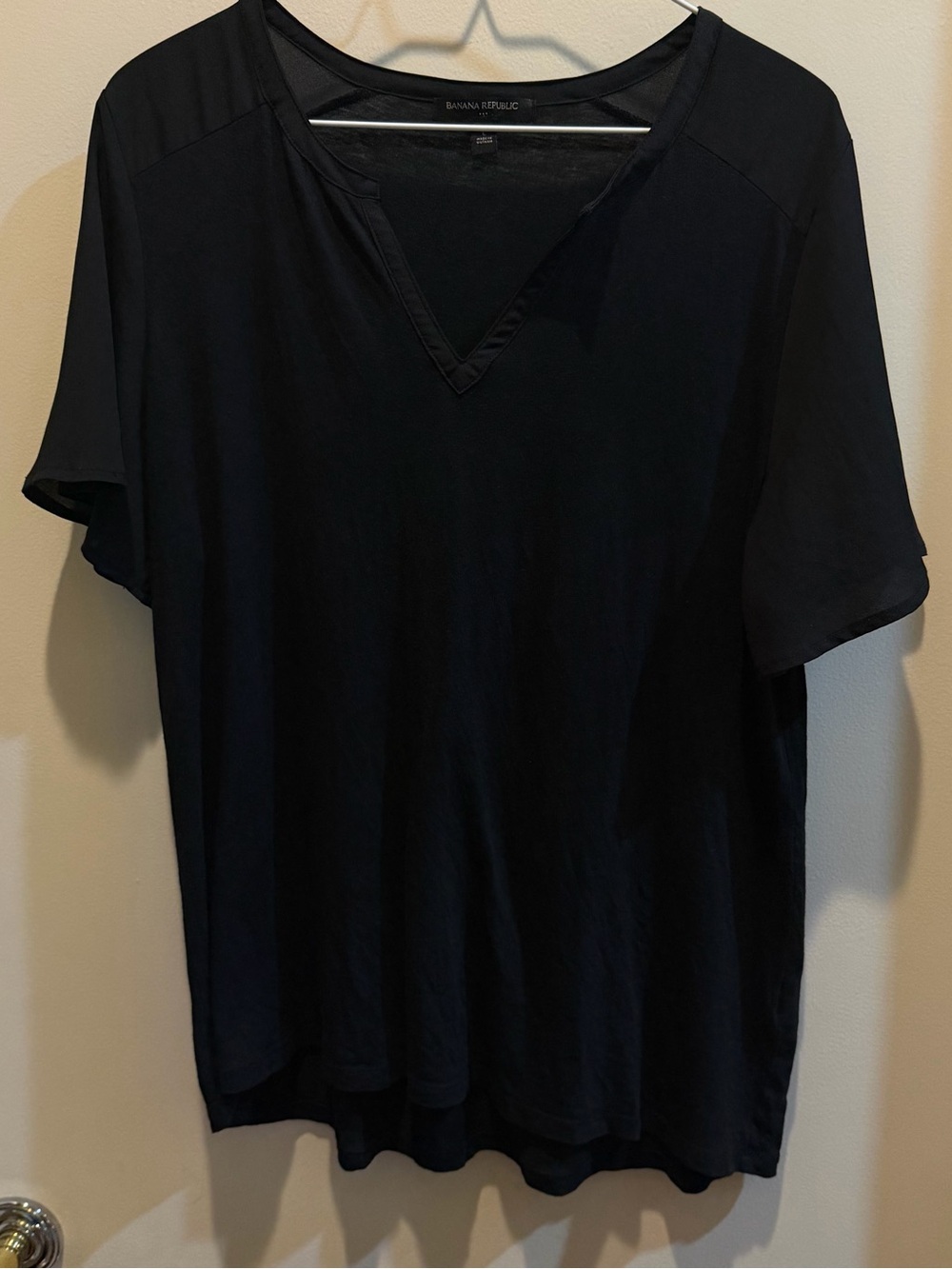 Banana Republic Black V-Neck Top with Sheer Flutter Sleve